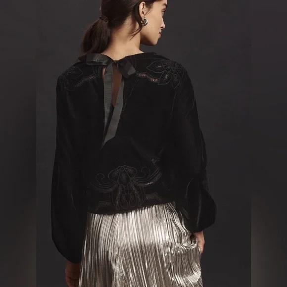 Anthropologie Velvet The Lainie Black Long-Sleeve Lace Cutwork Blouse M - Picture 3 of 13